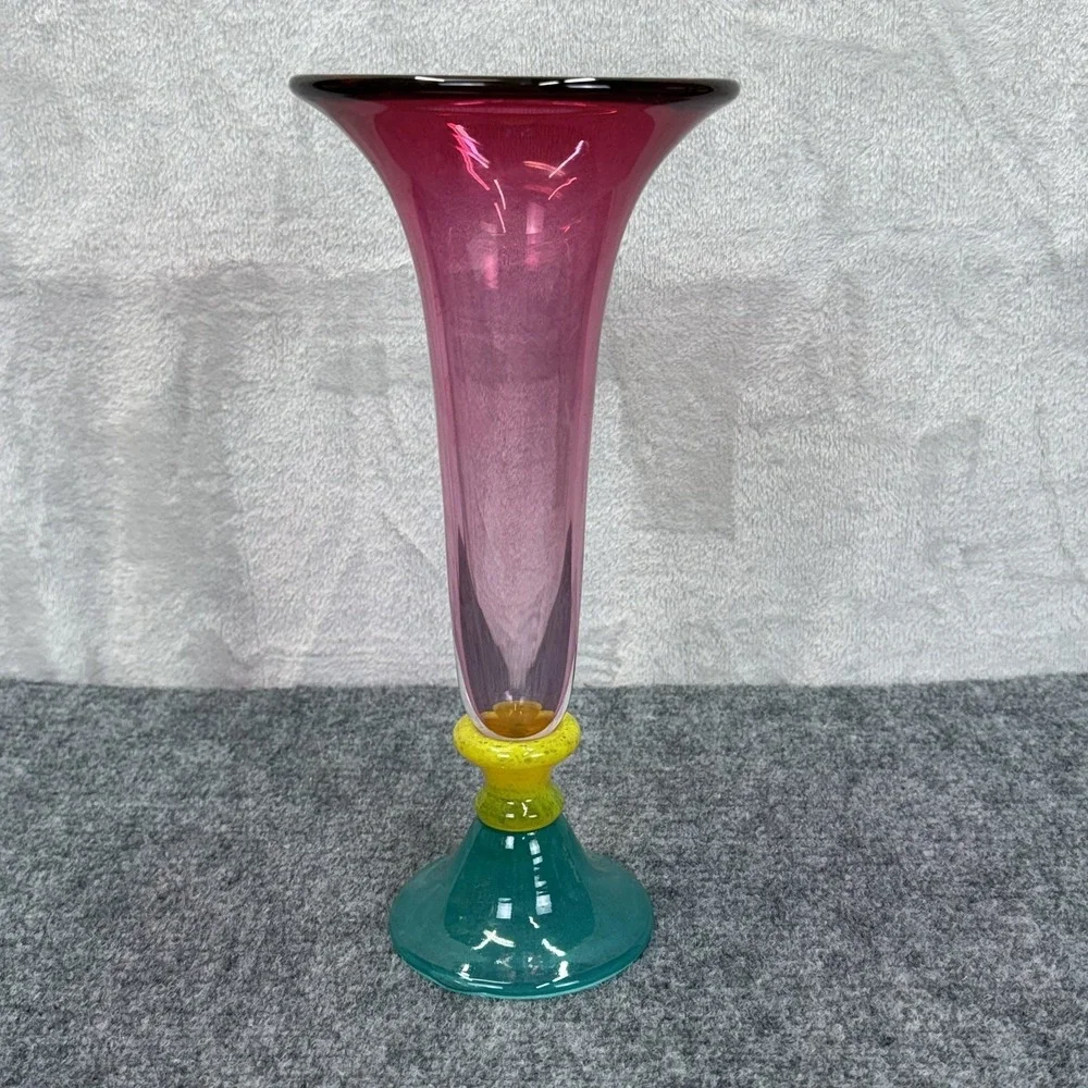 Hand Blown Glass Trumpet Vase Cranberry Teal Base Yellow Knob 12.5